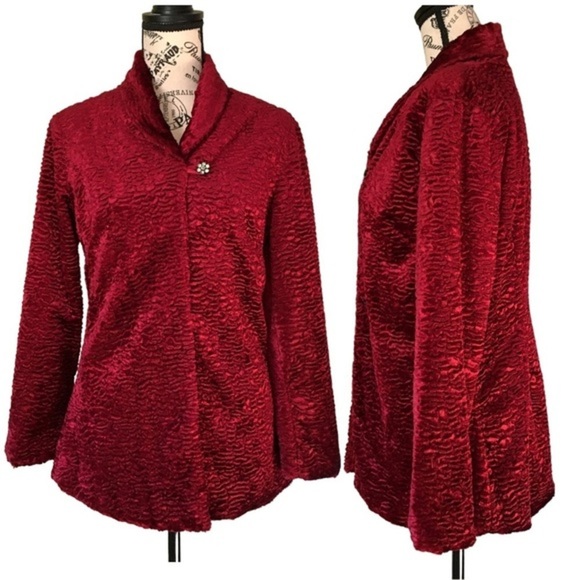 Vintage Will’s River Co. Velvet Blazer Faux Lamb Fur Jacket Pea Coat Red 2 Small - Picture 14 of 16